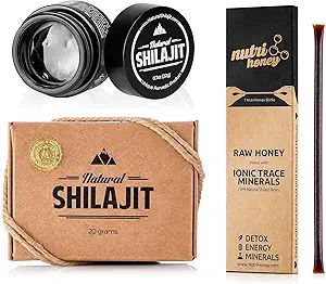 NATURAL SHILAJIT Resin - 20 Gram Shilajit Suplemento con ácido Fulvic " Trace Minerals " Shilajit Honey Sticks 7 Count