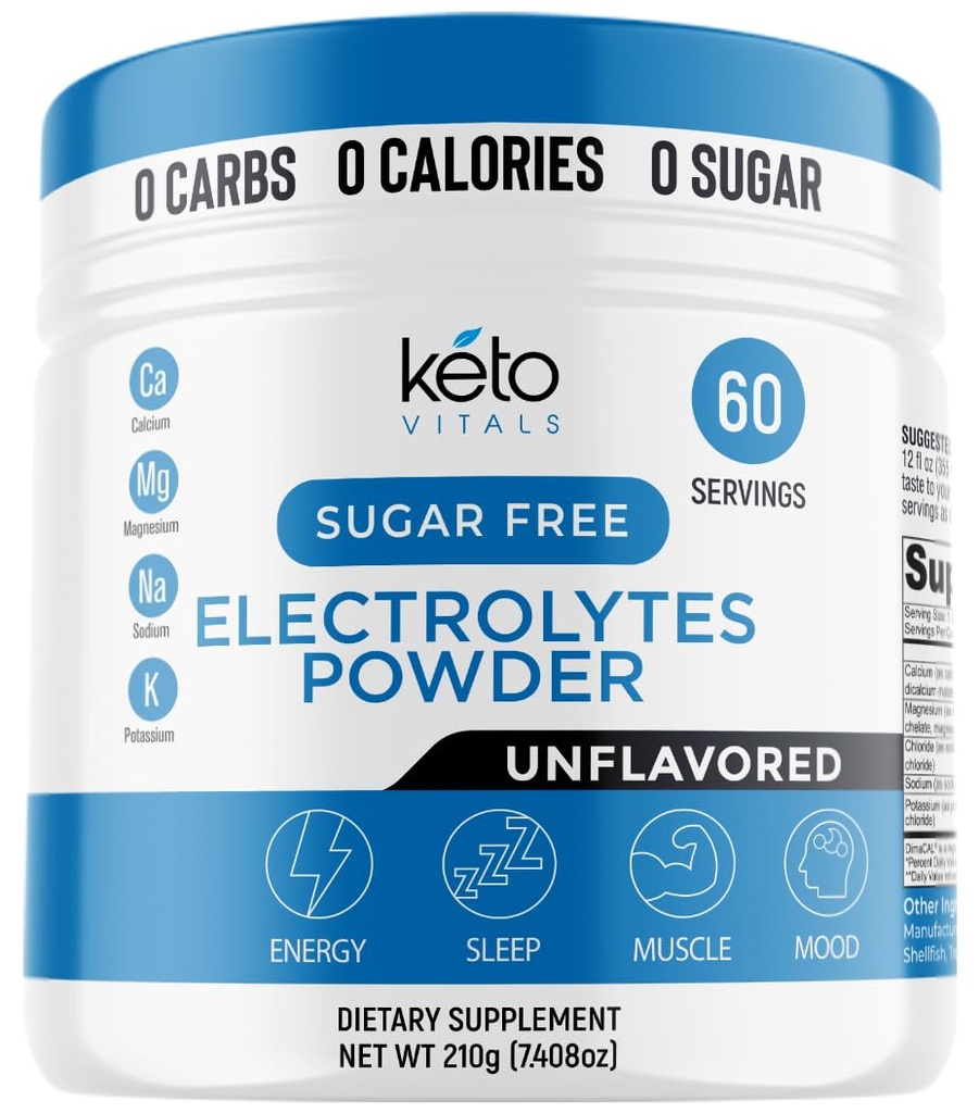Keto Vitals Unflavored Electrolyte Powder ← Keto-Friendly Electrolytes with Potassium, Magnesium, Sodium, Calcium ← Keto Electrolytes Suplemento Bebida Mix ¦ Sin azúcar, Zero Calories, Zero Carbs