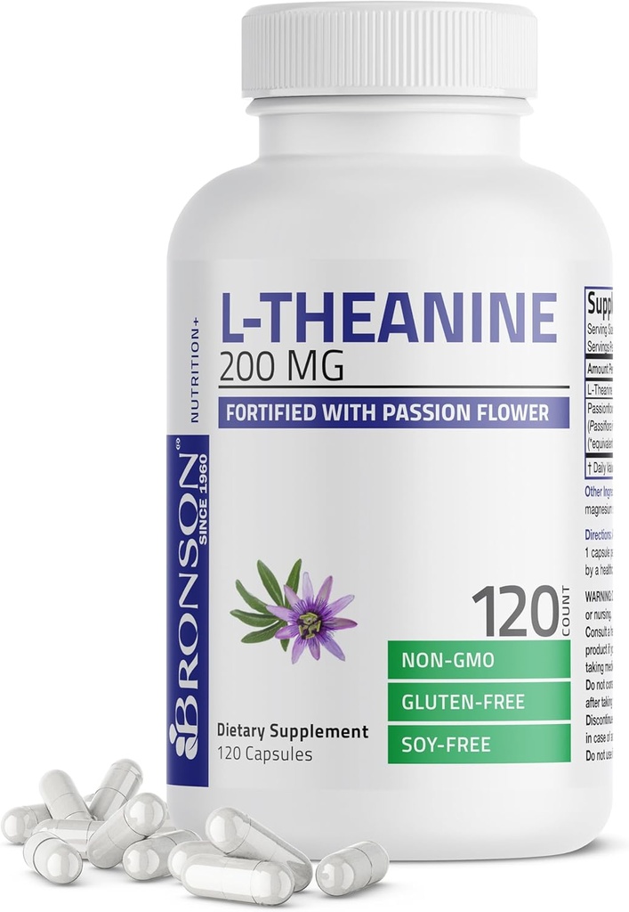 Bronson L-Theanine 200mg (Double-Strength) with Passion Flower Herb, Non-GMO Gluten-Free Soy-Free Stress Management Supplement, 120 Capsules