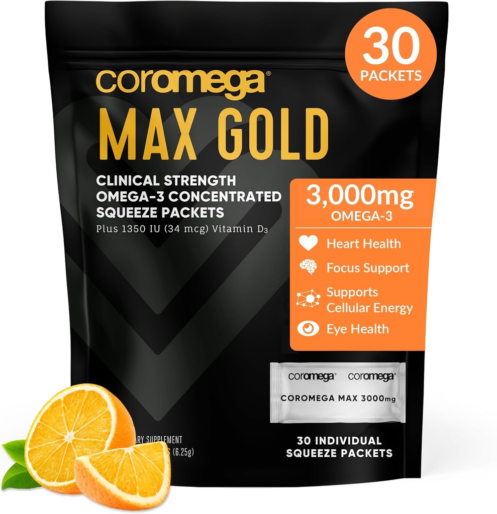 Coromega MAX Gold 3000mg Omega-3 Fish Oil + Vitamina D Squeeze Packets, Wild-Caught, No Fishy Taste - 3X Better Absorption Than Softgels, soporta Brain & Heart Health (30 Servings, Orange Flavor)