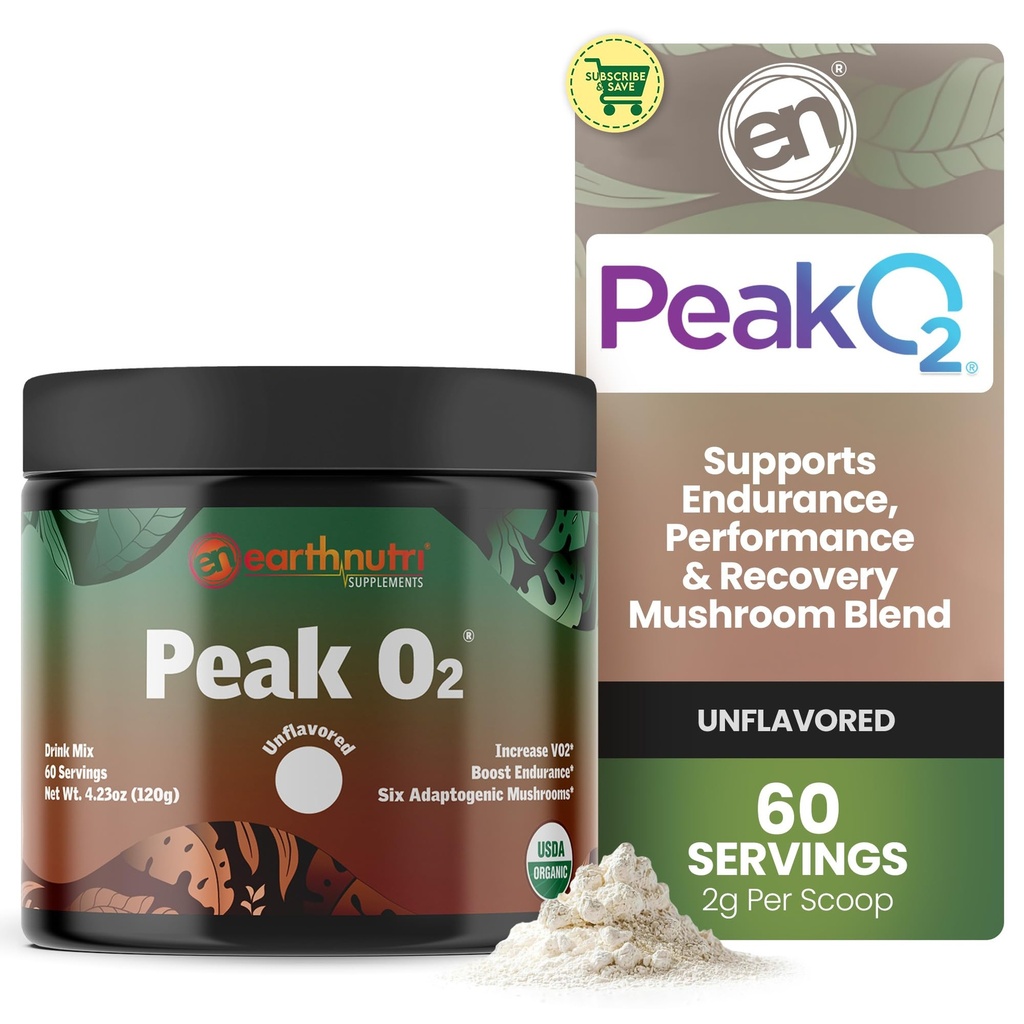 EarthNutri PeakO2 Workout Supplement - Mushroom Supplement for Pre Workout Endurance ' Athletic Performance – No Additives, No Fillers – Supports Stamina, Strength & Recovery - 60 Servings