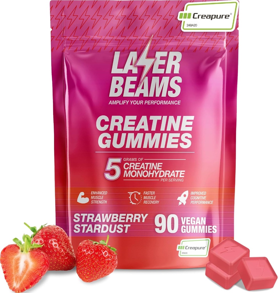 Cretina Monohydrate Gummies - 5g Creapure Creatine per Serving - Vegan - Boost Muscle Strength, Endurance, Recovery & Mental Focus - 90 Gummies, Gluten-Free (Strawberry)