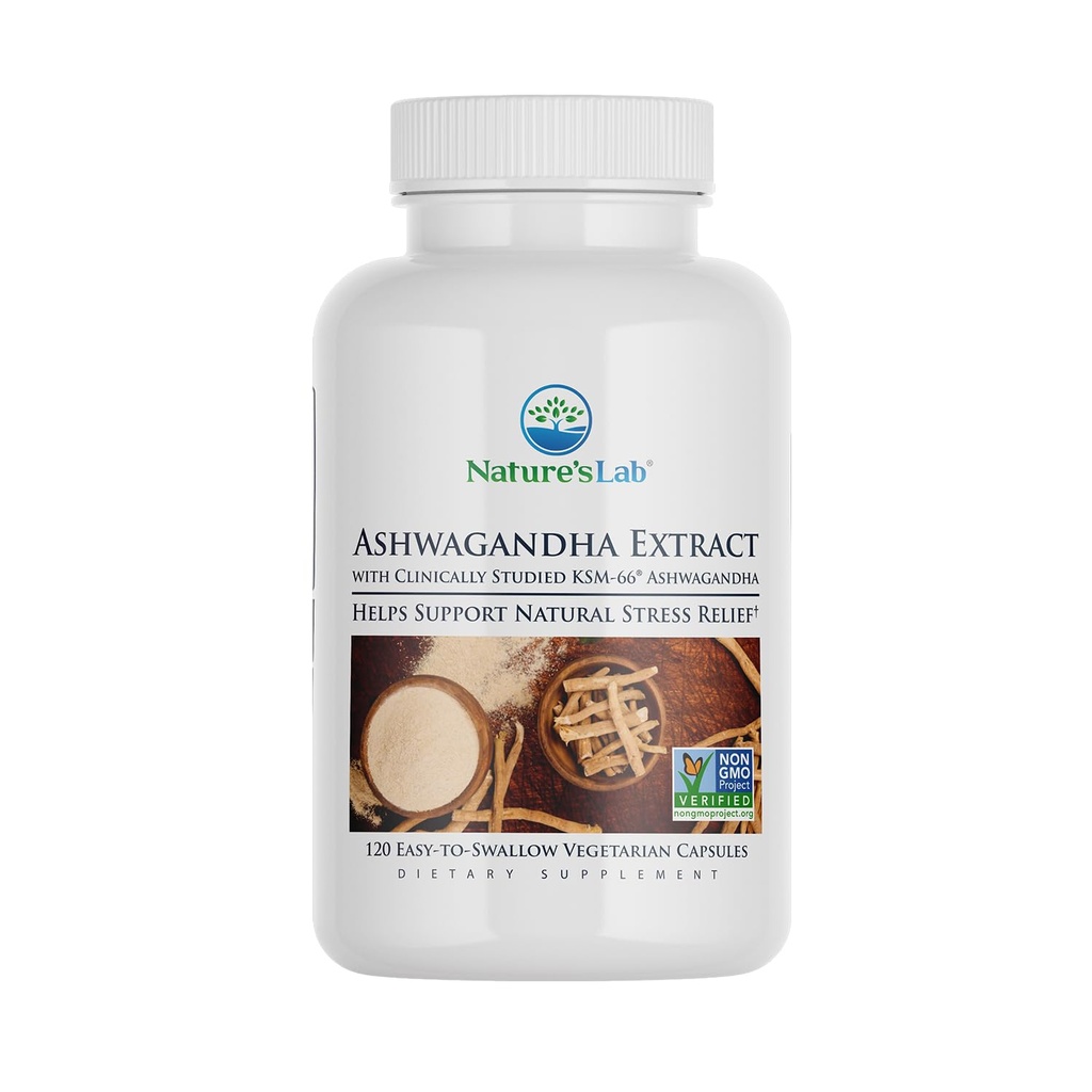 Nature's Lab Extra Strength Ashwagandha KSM 66 Extract - 5% Withanolides, Pure Organic Ashwagandha Root Powder - Supports Stress Relief, Focus and Strength Support* - 120 Ct (60 Day Supply)