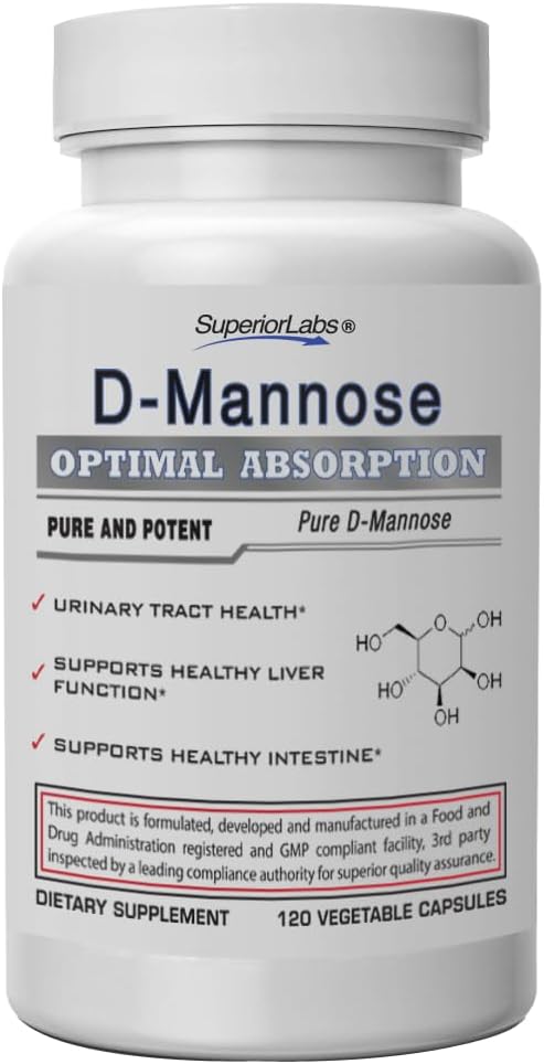 Laboratorios Superiores D-Mannose 500 mg, Ausorción Optimal Pura No GMO Prebiótico, Urinary Tract, Vejiga " Kidney UTI Support, Digestive " Liver Health Aid, IC Relief for Women " Men, 120 Veg Caps
