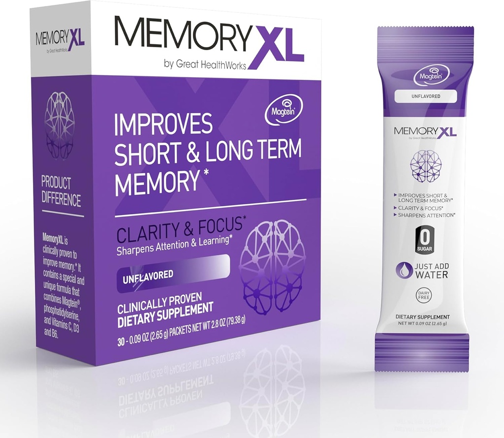 MemoryXL, Magnesium L-Threonate: Brain Supplement for Memory & Focus; Magtein®, Phosphatidylserine, Vitamin Mix. Mejora la memoria Focus Atención Aprendizaje " Logic. 0 Azúcar, 0 Cal, 30pk Desflavored