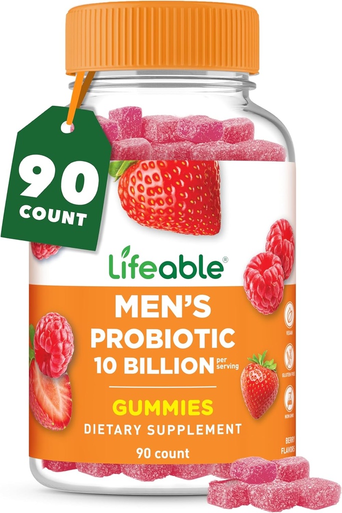 Probióticos Lifeable para Hombres Silencio 10 Billion CFU ← Gran Tasting Mens Gummies Probióticos TEN Vegan Probiótico para Gut Health e Immune Apoyo ← Probióticos Gummies para Hombres TEN 90 Gummies