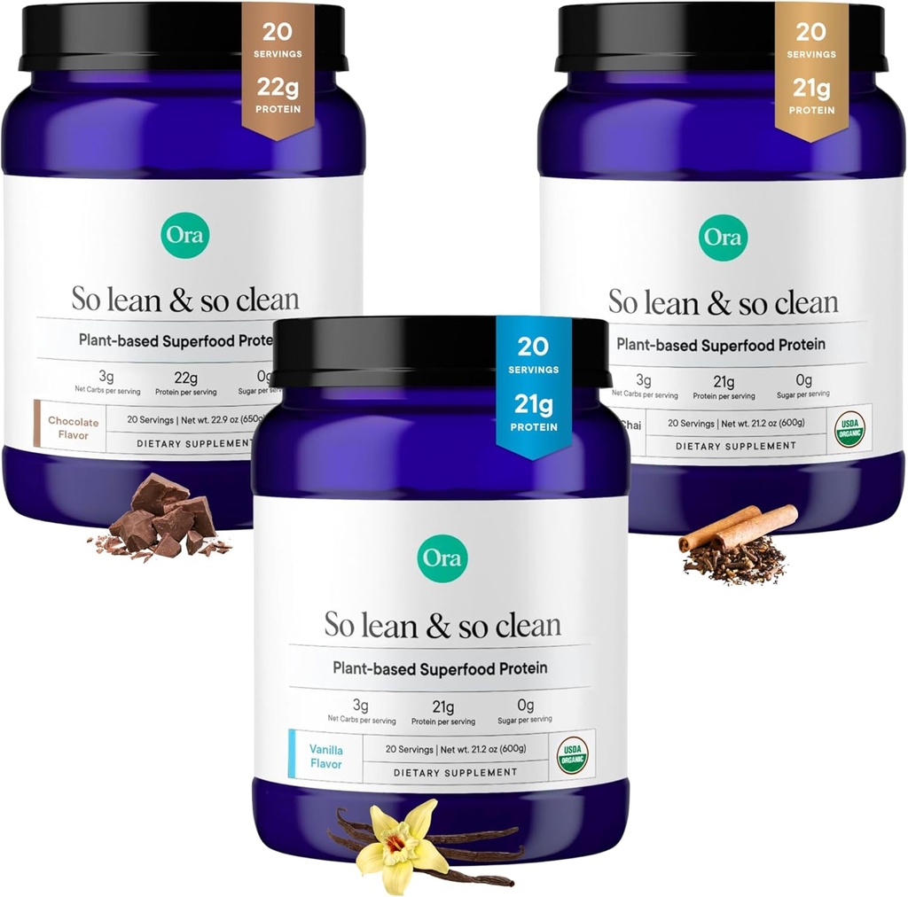 Ora Organic Protein Powder Vanilla, Chocolate &amp; Vanilla Chai Bundle: 21g Planta Basada, Vainilla, Vainilla Chai, 20 Servimientos + 22g Planta Basada, Chocolate, 20 Servimientos