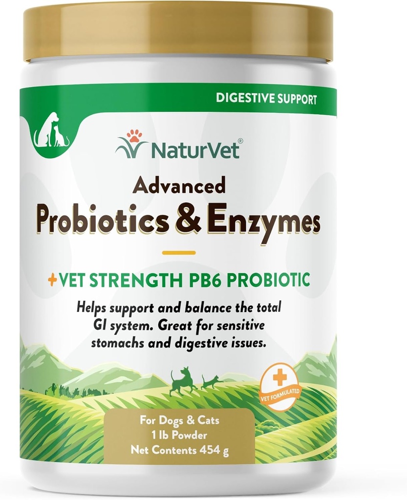 NaturVet – Probióticos avanzados " Enzymes - Plus Vet Strength PB6 Probiótico  tolera Apoyos y equilibrios Pets with Sensitive Stomachs " Digestive Issues  durable for Dogs & Cats (1 lb)