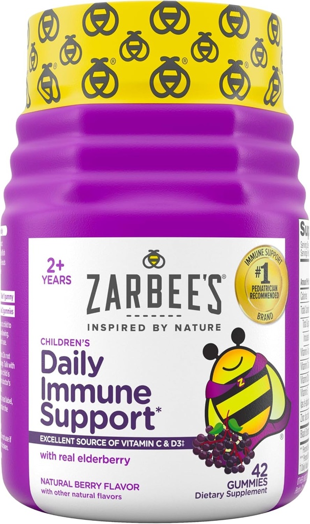 Zarbee's Kids Elderberry Immune Support Suplemento Gummies, Vitaminas A C D3 E &amp; Zinc, Extracto de Elderberry, Gluten & Gelatin Gratis, Sin Sabores Artificiales, Sabor de Berry Natural, Edades 2+, 42 Ct