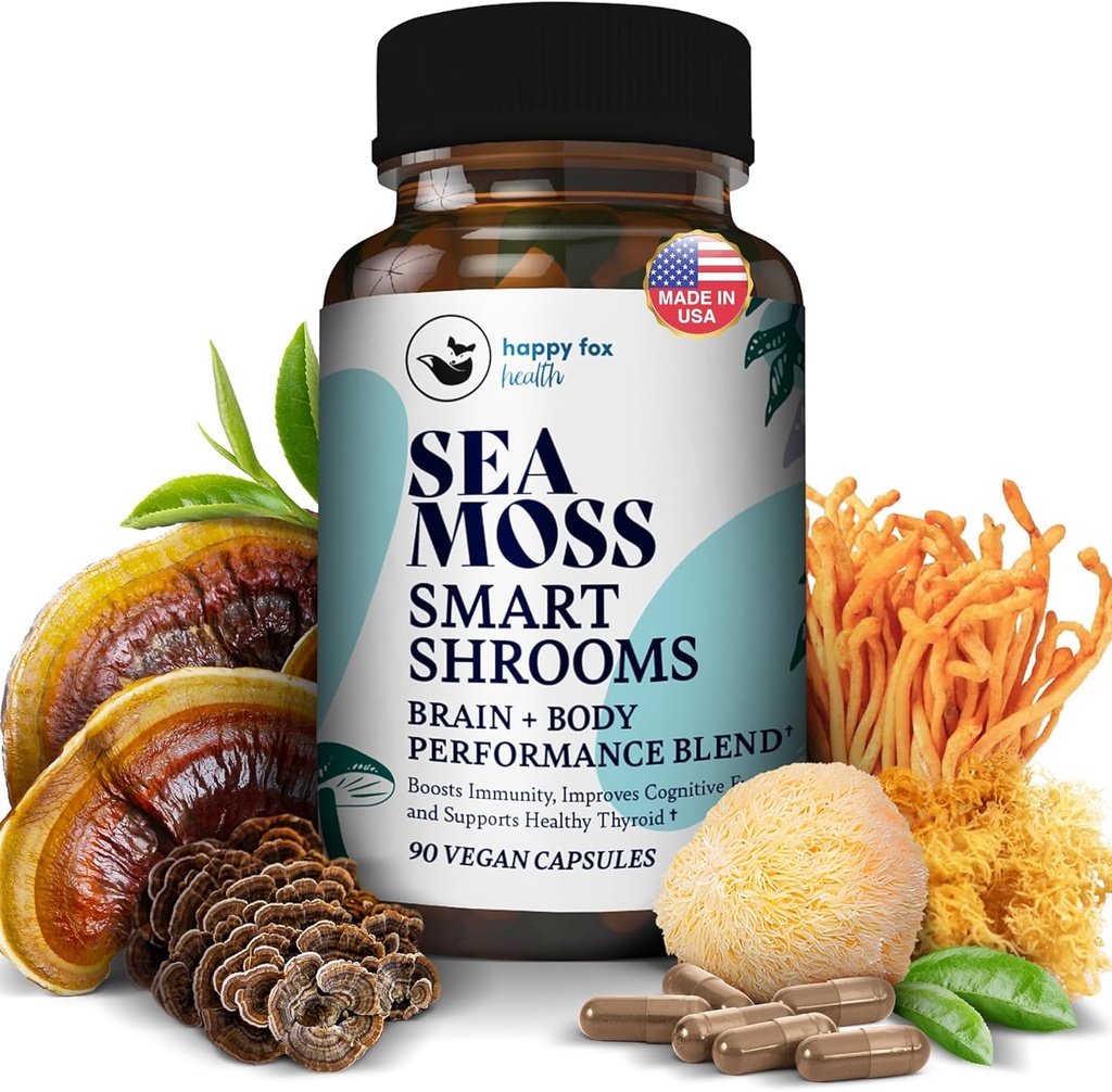 HAPPY FOX Irish Sea Moss Capsules &amp; Mushroom Complex - Organic Seamoss with Adaptogens for Brain Health, 1500mg, 90 Vegan Capsules, Organic Mushroom Supplement