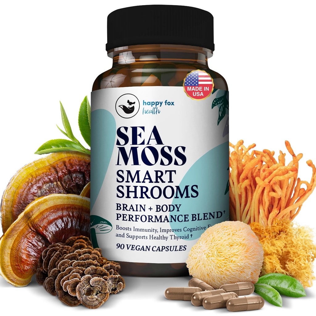 HAPPY FOX Irish Sea Moss Capsules &amp; Mushroom Complex - Organic Seamoss with Adaptogens for Brain Health, 1500mg, 90 Vegan Capsules, Organic Mushroom Supplement
