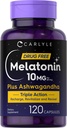 Carlyle Melatonin 10mg ← 120 Capsules Silencio con Ashwagandha ¦ Triple Fuerza Fórmula ← Non-GMO, Gluten Suplemento Gratis