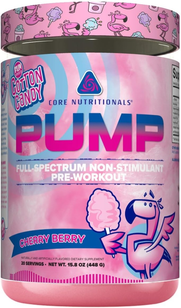 Bomba de Nutrición Core Full-Spectrum Non-Stimulant Pre-Workout, con N03T Nitrate, Peak02, Alpha GPC, para Máxima Bomba, Fuerza y Rendimiento 20 Servimientos (Fun Sweets Cotton CandyTM Cherry Berry)