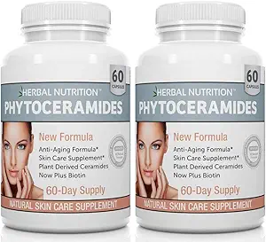 Fitoceramides Rice Basado en Biotina Anti Aging Suplemento, Wrinkle Remover y Facial Moisturizing con Fitoceramides Vitamina A, C, D y E, Two Bottle Pack, 120 Capsules 40mg, Gluten Free