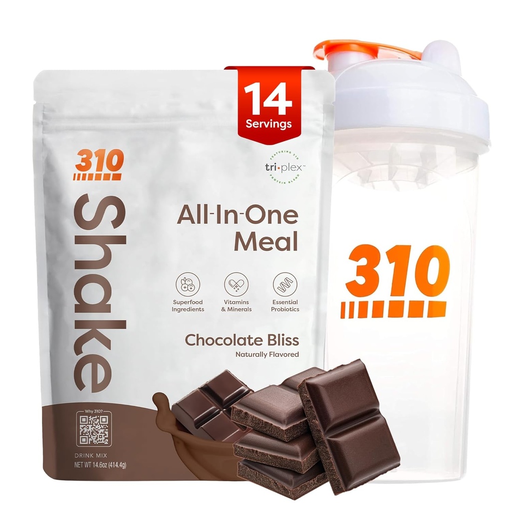 310 Nutrición All-in-One Meal Replacement Shake Powder w / Shaker Cup Starter Kit - High Protein Fiber Rich Vegan Superfood Blend - Sugar-Free, Keto & Paleo Friendly, Low Carb - Chocolate Bliss 14 srv