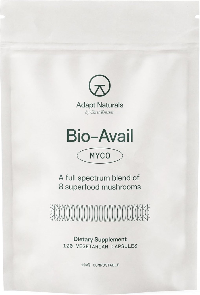 Adapt Naturals Bio-Avail Myco - 8-en-1 Bioavailable Mushroom Suplemento Complejo de Mushroom - Chaga, Cordyceps, Reishi, Lions Mane - Presión de sangre, memoria, inmuno - 120 cápsulas
