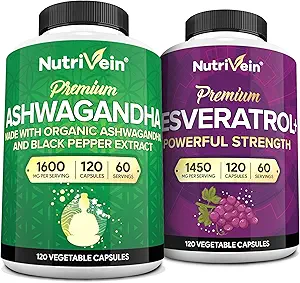 Nutrivein Premium Ashwagandha Capsules &amp; Resveratrol Supplement Bundle: High-Absorption Resveratrol Capsules and Ashwagandha Supplements for Balance, Vitality, " Repair