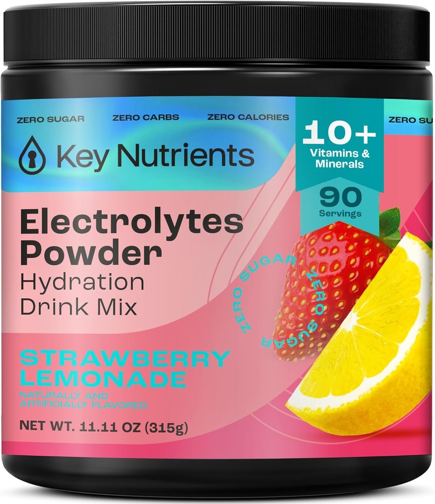 KEY NUTRIENTS Electrolytes Powder No Sugar - Juicy Strawberry Electrolyte Powder - Hydration Powder - Sin calorías, Gluten Free Keto Electrolytes Powder - 90 Servings - Made in USA