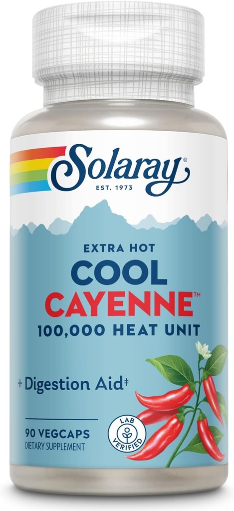 SOLARAY Extra Hot Cool Cayenne 100.000 HU - Tradicional Folk Remedy and Digestion Aid - Bio-Cool Process - Lab Verified, GMP Facility, 60-Day Guarantee - 45 Servings, 90 VegCaps