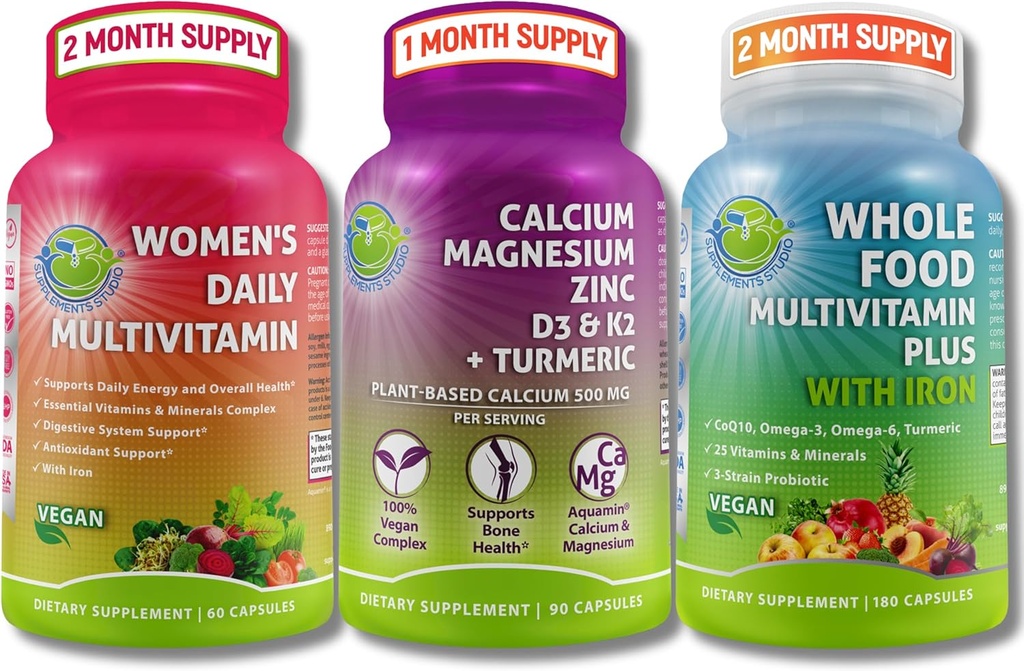 Multivitaminas veganos " Trio de Calcio-Pulsivo de Alimentos enteros con Hierro + Mujer Multivitamina diaria con hierro + Calcio de base vegetal, Magnesio, Zinc, D3, K2 " Turmérico – Energía, Bone " Apoyo Inmunitario