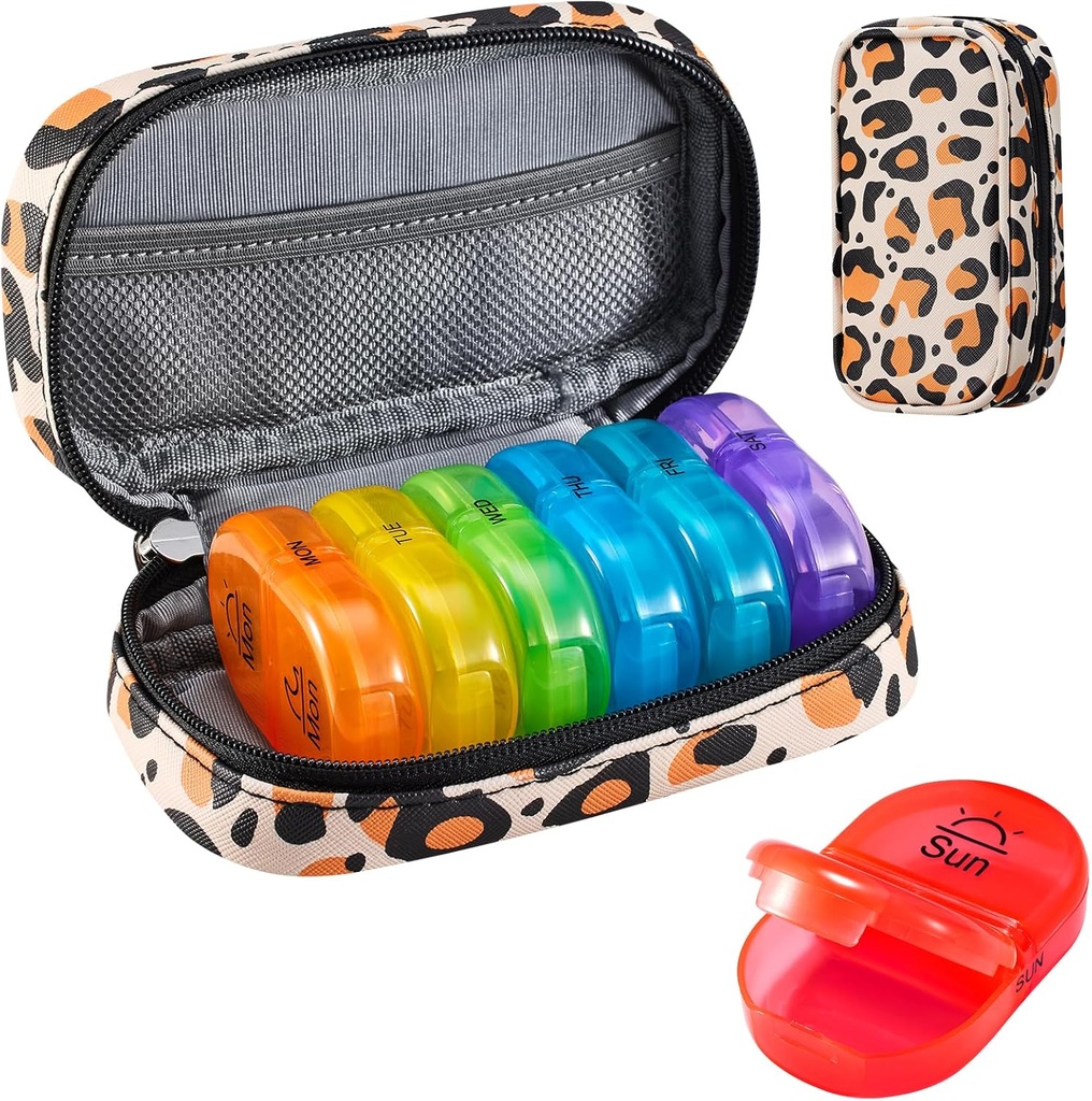 Serfeymi Organizador semanal de píldoras de viaje 2 veces al día AM Upgraded Rainbow Pill Box 7 Day with Portable Zipper PU Leather Pill Case, Medicine Organizer for Pills, Vitamins, Fish Oils - Brown 02