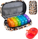 Serfeymi Weekly Travel Pill Organizer 2 Times A Day AM PM Upgraded Rainbow Pill Box 7 Day with Portable Zipper PU Leather Pill Case, Medicine Organizer for Pills, Vitamins, Fish Oils - Brown 02