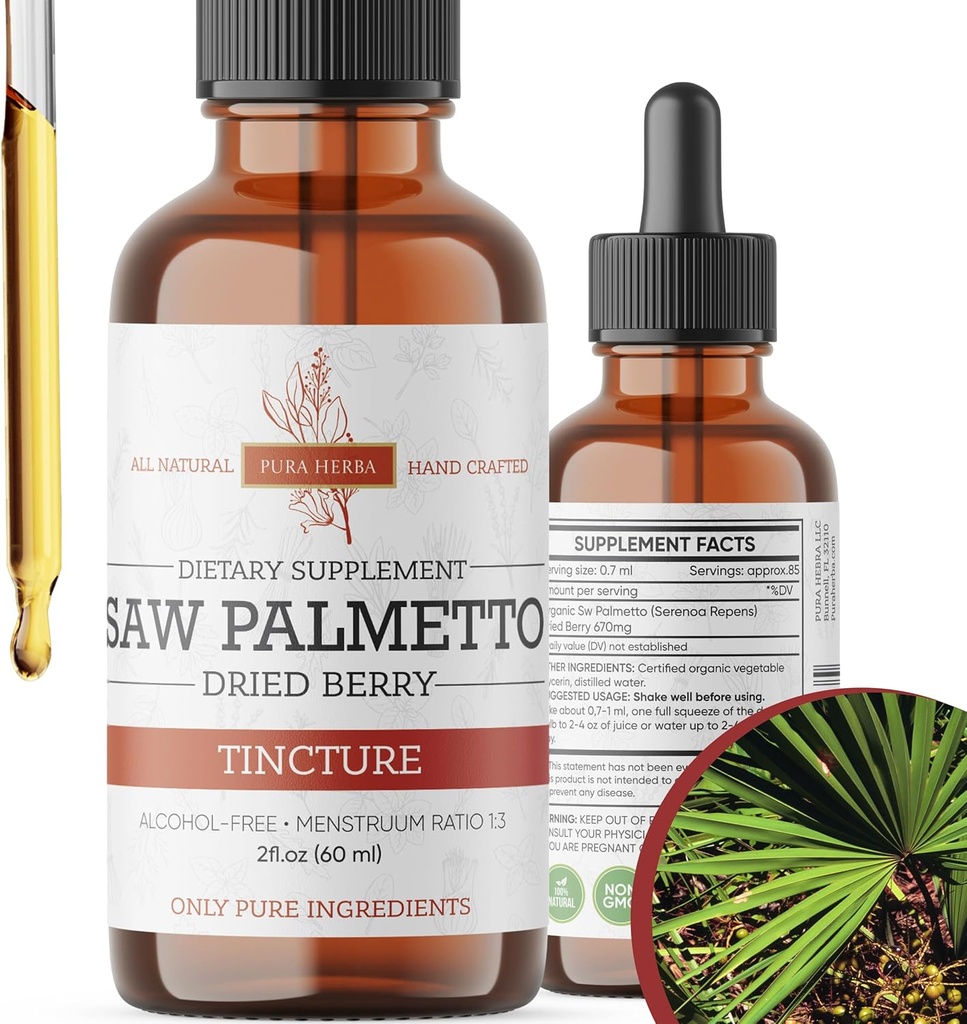 Saw Palmetto Tincture ← Premium Extract herbal libre de alcohol de Saw Palmetto Berries ← Suplemento botánico líquido ← Fórmula herbal tradicional Silencioso Made in USA - 2 oz (60 ml)