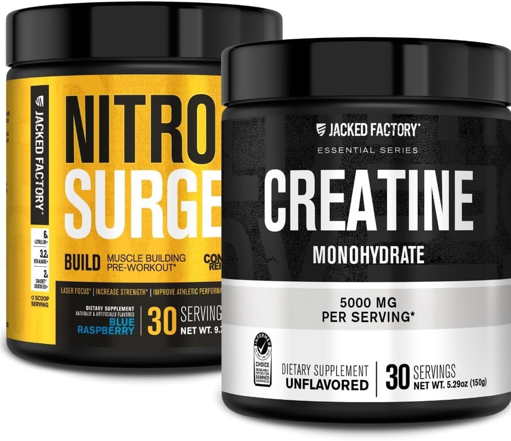Fabricación de nitrocirugía confeccionada Pre Workout with Creatine for Muscle Building (30 Servings, Blue Raspberry) & Creatine Monohydrate Powder for Muscle Growth & Recuperación (30 Servings, Unflavored)