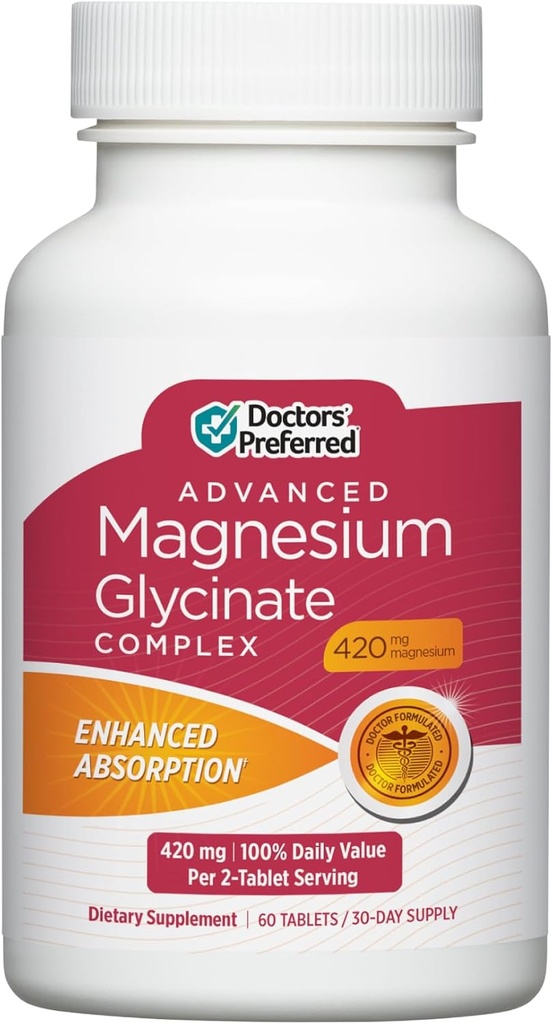 Complejo Glycinate de Magnesio Avanzado PREFERADO DE DOCTORS, Tecnología de Absorción Mejorada, Alta Potente, Gentler, Fórmula desarrollada por Doctor. Salud cardíaca, salud de los moodes y más 420 mg, suministro de 30 días