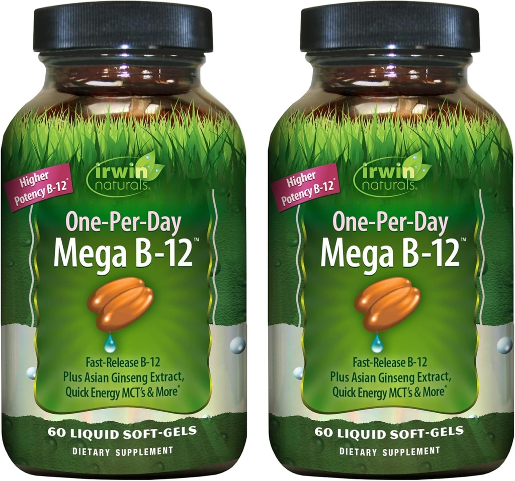 Irwin Naturals One-Per-Day Mega B-12 1,500mcg High Potency Methylcobalamin Vitamina - Absorción rápida mejorada con MCT + Ginseng asiático - Boost de energía natural - 60 Softgel líquido (Pack de 2)