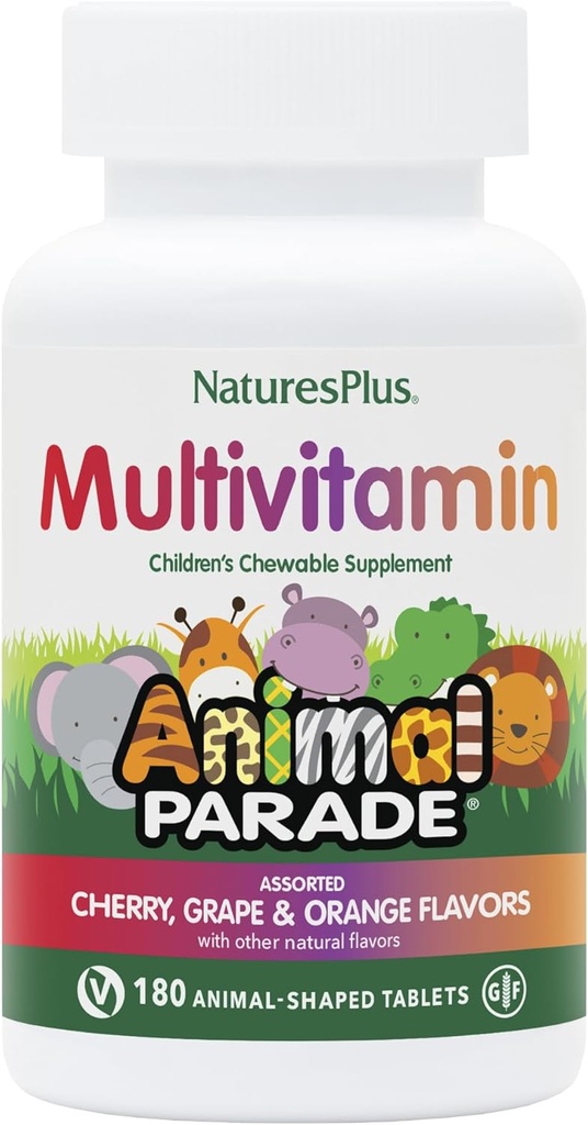 NaturesPlus Animal Desfile Multivitamina Chewable para niños - 180 Tablas con Forma de Animales, Pack de 3 - Sabores Naturales - Vegan, Gluten Gratis - 270 Servimientos Totales