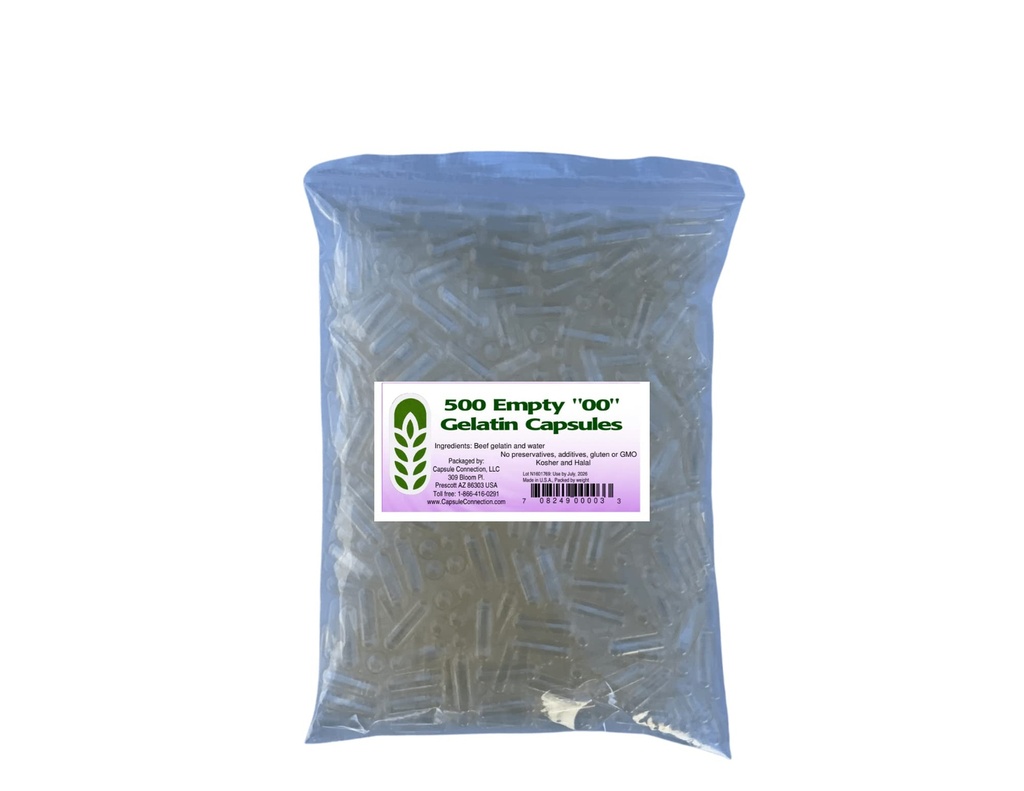 Capsule Connection USA-Made 500 00 Tamaño Empty Gelatin Capsules, Bolsa Resealable, Natural, Sin aditivos