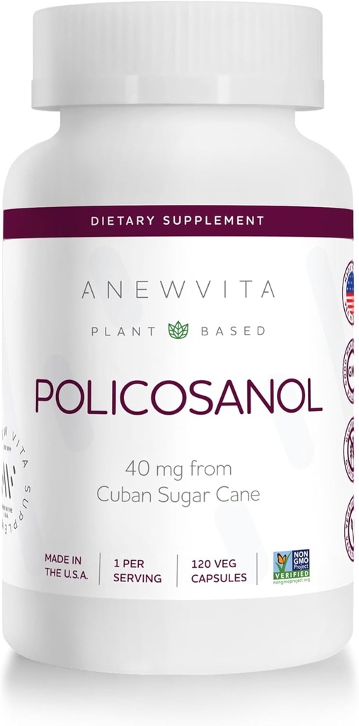 Anew Vitaᅠ Policosanol Supplement - Healthy Lipid Levels, Platelet Function & Circulation, Cuban Sourced Sugarcane, 40mg per Serving, Non-GMO, Gluten-Free - 120 Veggie Capsules, Made in USA