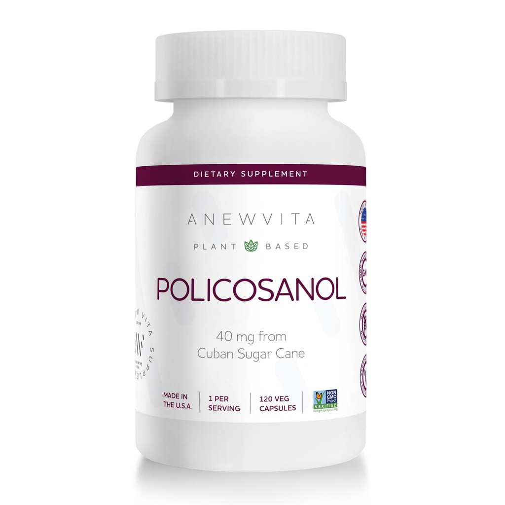 Anew Vitaᅠ Policosanol Supplement - Healthy Lipid Levels, Platelet Function & Circulation, Cuban Sourced Sugarcane, 40mg per Serving, Non-GMO, Gluten-Free - 120 Veggie Capsules, Made in USA