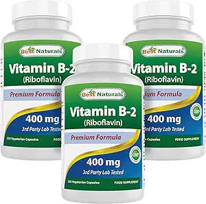 Mejores Naturales Vitamina B2 (Riboflavin) 400mg - Migraine Relief - Veggie Capsules - Conezyme Precursor - 120 Cuenta (120 Cuenta (Pack of 3))