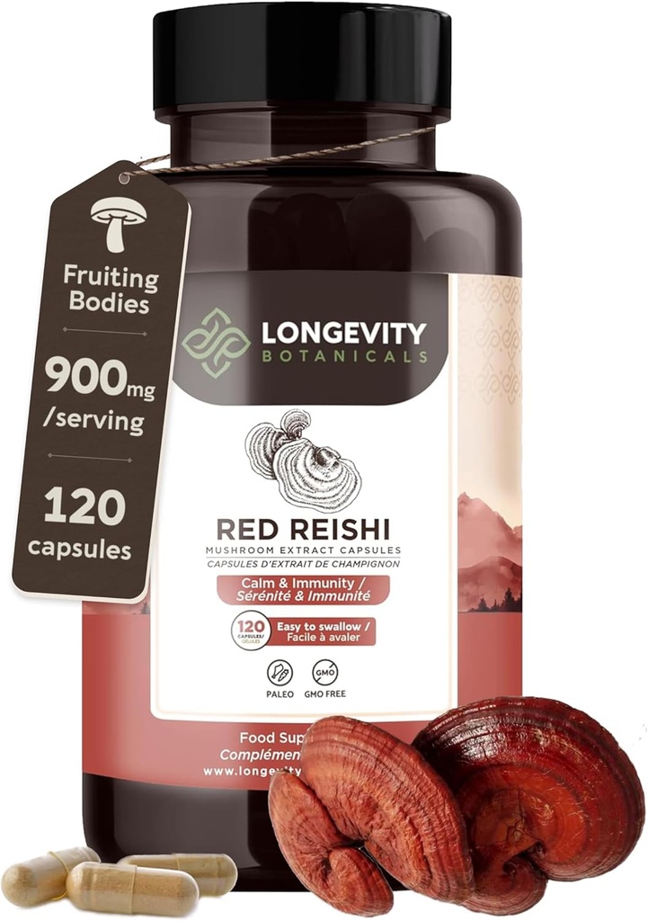 Orgánica Reishi Mushroom Capsules Suplemento (120) ← Pure Fruiting Body 10:1 High Strength Extract TEN 30% Beta-D Glucans TEN 9,000mg Raw Equivalent Por Serving TEN calma, sueño &amp; estrés