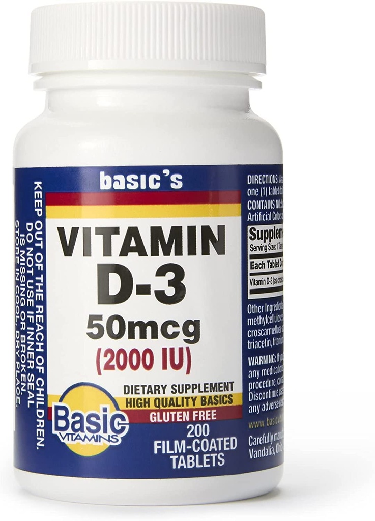 Vitaminas Básicas Vitamina Natural D-3 2000 UI - 200 Tabletas de película