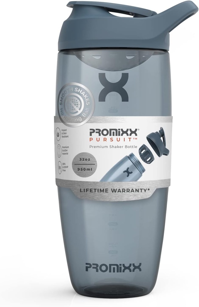 Promixx Pursuit Protein Shaker Bottle (32 oz) – Silent No-Ball Mixer, Leak-Proof Lid, BPA/BPS & Phthalate-Free ECOZEN – Easy-Clean Shaker Cup for Protein Shakes, Pre " Post-Workout Smoothies