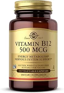 Solgar Vitamina B12 500 mcg - 100 cápsulas vegetales - Energía Metabolismo & Nervous System Support - Non-GMO, Vegan, Gluten " Dairy Free, Kosher, Halal - 100 piezas