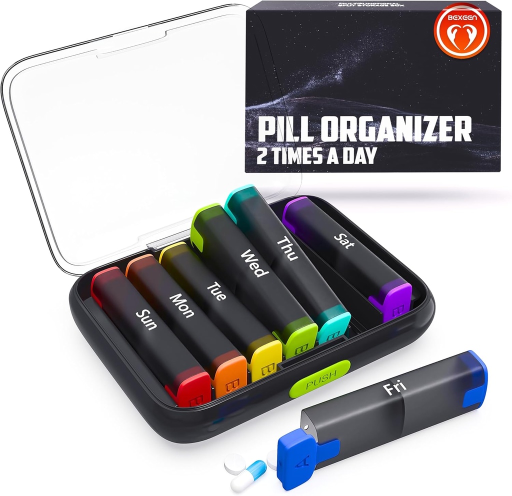 BEXEEN Organizador semanal de píldoras 2 veces al día - Pill Box 7 Day Am Pm - Travel Medicine Organizer Twice Daily Vitamin Holder Portable Supplement Case Week Night Med Dispenser Detachable Container
