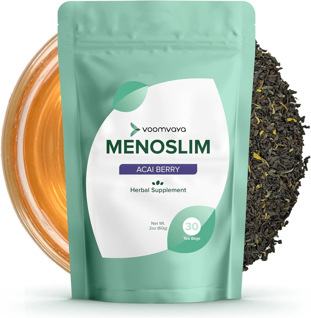 Voom Vaya MenoSlim Tea - Saldo hormonal Té, Perimenopause &amp; Estrógeno Suplemento para Mujeres - para Bloating, Flashes calientes, Suelos nocturnos &amp; Meno-Belly - Acai Berry Flavor - 30 Teabags