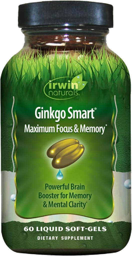 Irwin Naturals Ginkgo Smart Powerful Nootropic Brain Booster - Admite la memoria máxima, Focus " Mental Clarity with DMAE, Clubmoss, Choline " Acetyl L-Carnitine - 60 Liquid Softgels