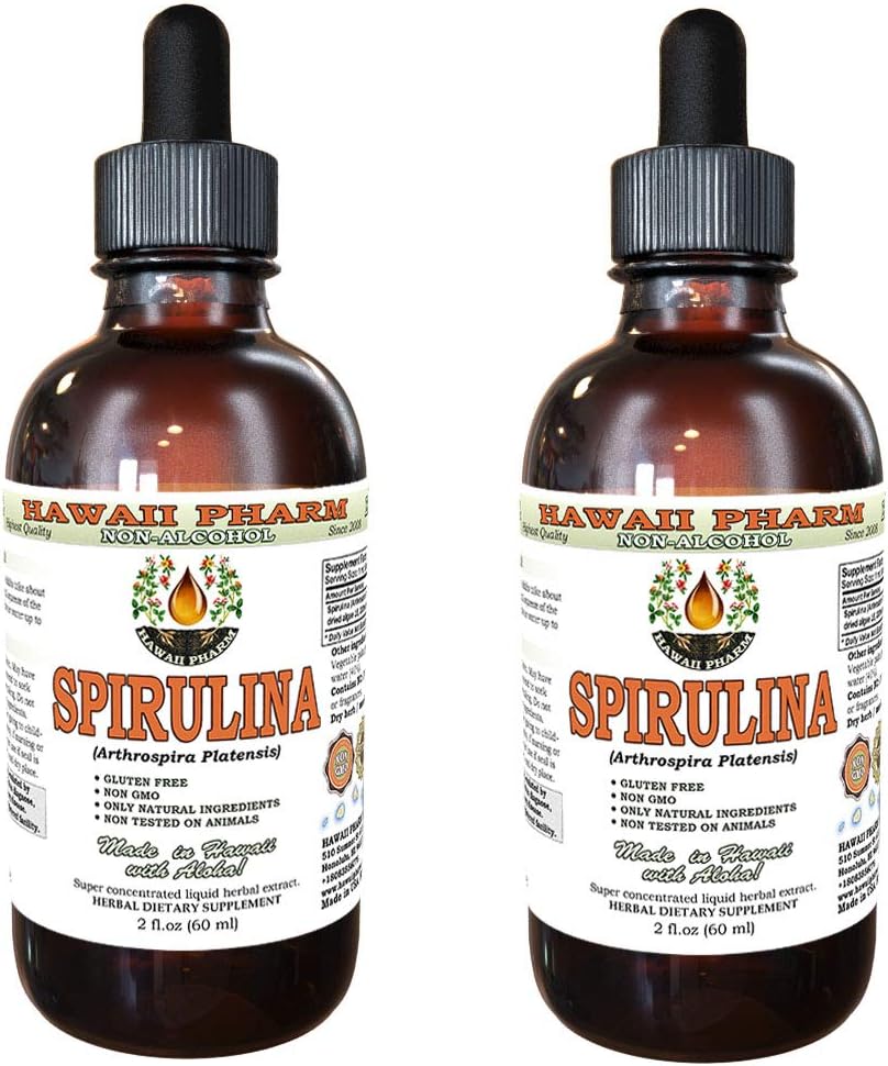 Extracto líquido libre de alcohol, Spirulina orgánica (Arthrospira platensis) Alga seco Glycerite Natural Herbal Suplemento, Hawaii Pharm, USA 2x2 fl.oz