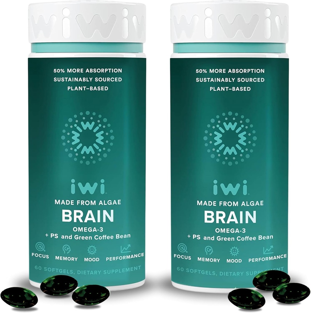 iwi life Brain Omega-3, 120 Softgels (60 Servings), Vegan Plant-Based Algae Omega-3 con EPA + DHA, Focus, Memory and Mood Support Suplemento dietético, Krill & Fish Oil Alternative, No Fishy Aftertaste