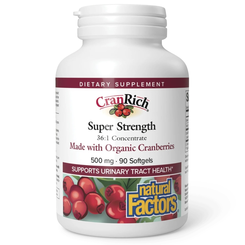 CranRich por Factores Naturales, Concentrado de Arándano de Superestrength, Suplemento Antioxidante para Soporte de Tracto urinario, No GMO, 90 softgels (90 porciones)