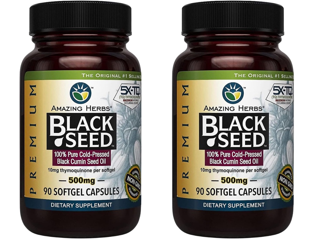 Amazing Herbs Premium Black Seed Oil Capsules - Gluten Free, Non GMO, Cold Pressed Nigella Sativa Aids in Digestive Health, Immune Support- 90 Count, (Pack of 2)