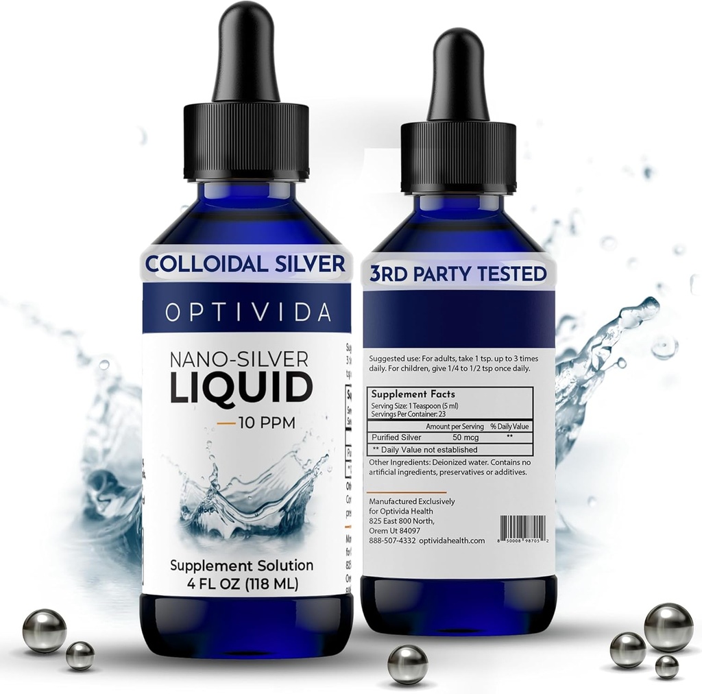 Optivida Health Colloidal Silver Liquid (4 oz) – Premium Nano Silver Colloidal Supplement for Daily Wellness &amp; Immune Support, Natural Liquid Silver Hydrosol for Adults &amp; Kids, Non-GMO, Gluten-Free