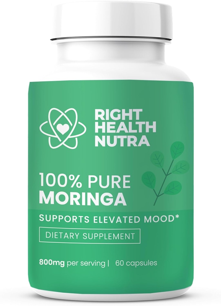 Right Health Nutra - 100% Pure Moringa 800mg - 60 Capsules - Dietary Supplement for Brighter Mood, Enhanced Concentration, and Fortified Memory - with Vitamins, Minerals, and Nourishing Nutrients