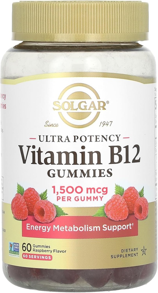 Solgar Methyl B12 Gummies for Adults 1,500mcg Ultra Potency Vitamin for Energy & Metabolism Support, Raspberry Flavor, Vegan &amp; Gluten-Free Gummy for Women &amp; Men, 2 Month Supply, 60 Servings, 2g Sugar