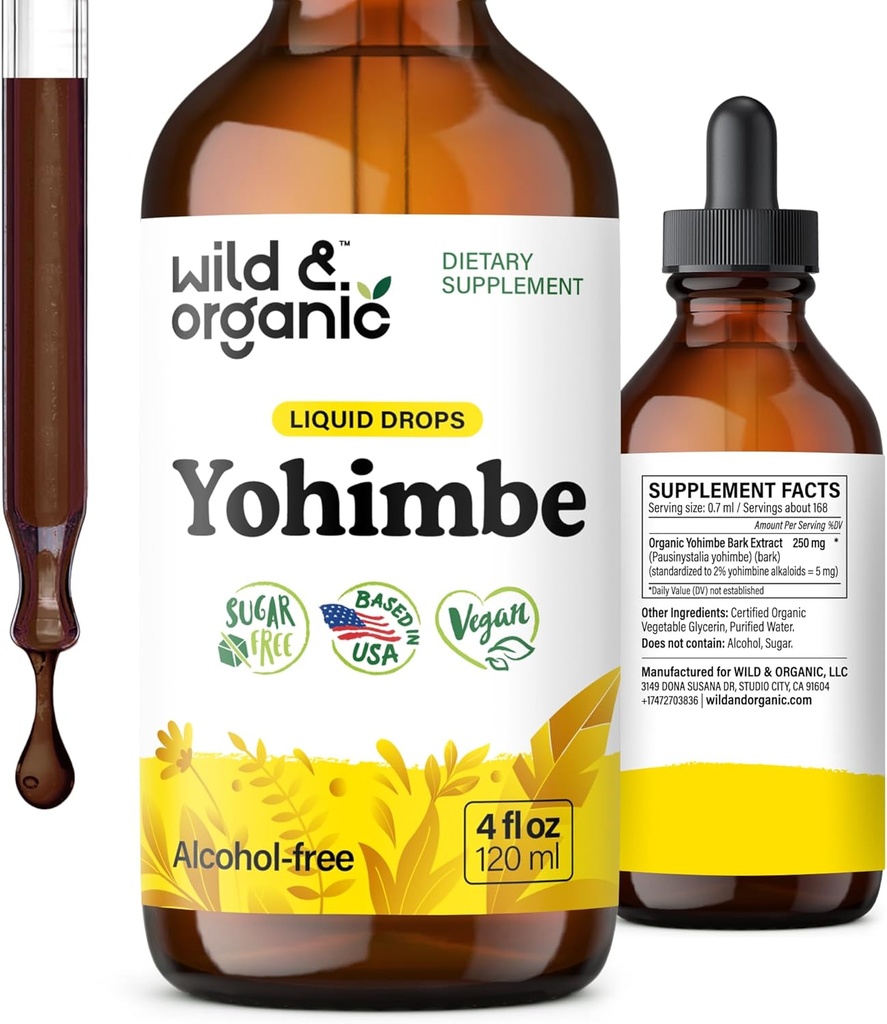 Suplementos de Yohimbe Wild &amp; Organic para Hombres &amp; Mujeres - 5 mg Tintura de Extracto de Yohimbina - Gotas de Barco de Yohimbe Libre de Alcohol - Vegan, No GMO &amp; Libre de Azúcar - 4 fl oz